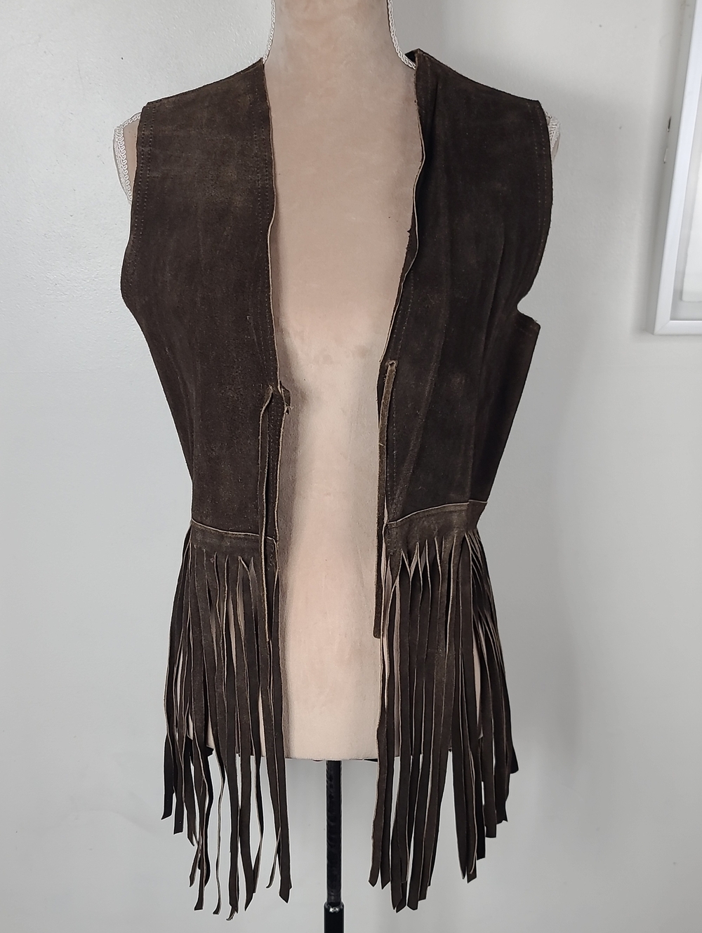 Vtg 70s Brown Suede Leather Boho Hippie Western Cowgirl Rodeo Fringe Vest S - Picture 5 of 15